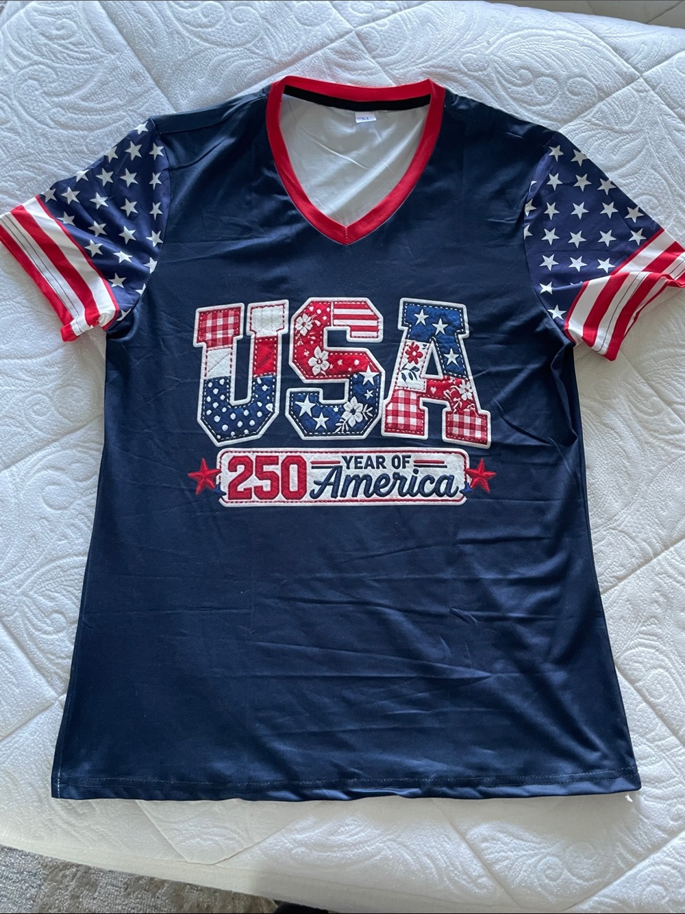 USA Graphic womens V-Neck Tee - Navy, Red & White